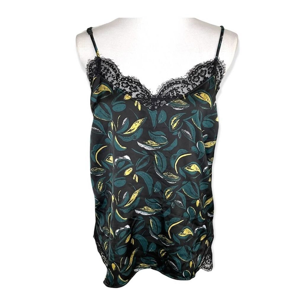 Halogen Green and Black Floral Lace Trim Camisole Tank Medium Petite